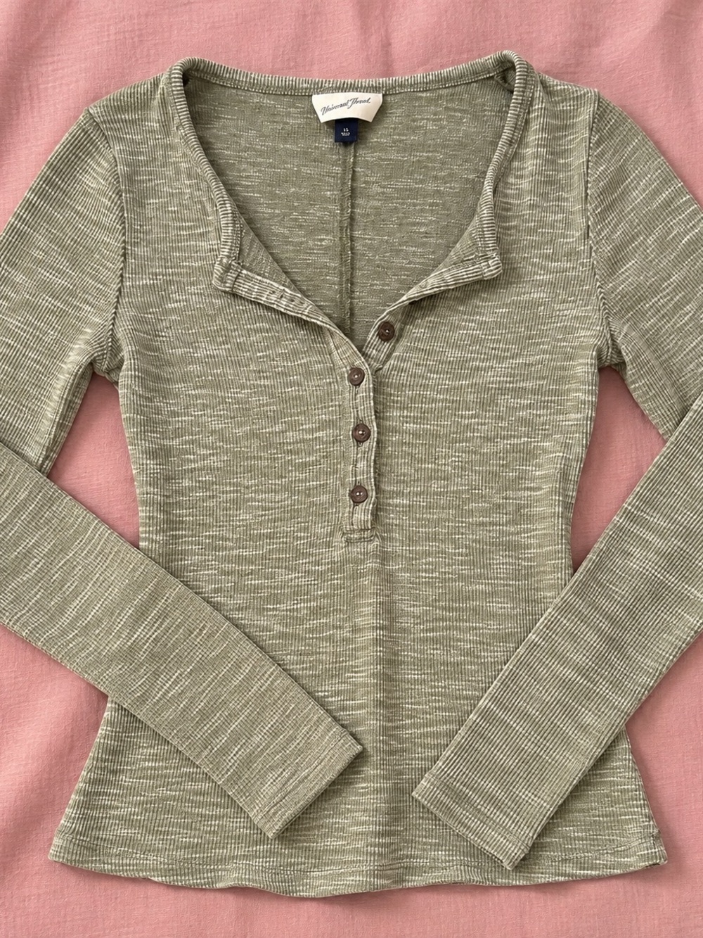 Universal Thread Y2K Olive Ribbed Fitted Henley Top XS